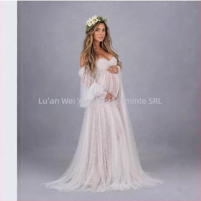 Rochie cu un umăr, din plasă patchwork, maternitate, A-line lungă, mâneci puff