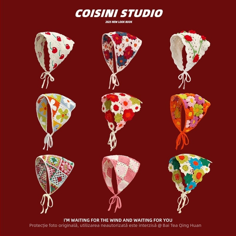 Bandă pentru păr croșetată, floare, model în carouri, stil eșarfă triunghiulară, primăvara 2025