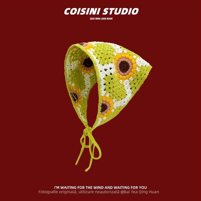 Bandă pentru păr croșetată, floare, model în carouri, stil eșarfă triunghiulară, primăvara 2025