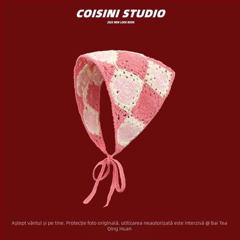 Bandă pentru păr croșetată, floare, model în carouri, stil eșarfă triunghiulară, primăvara 2025