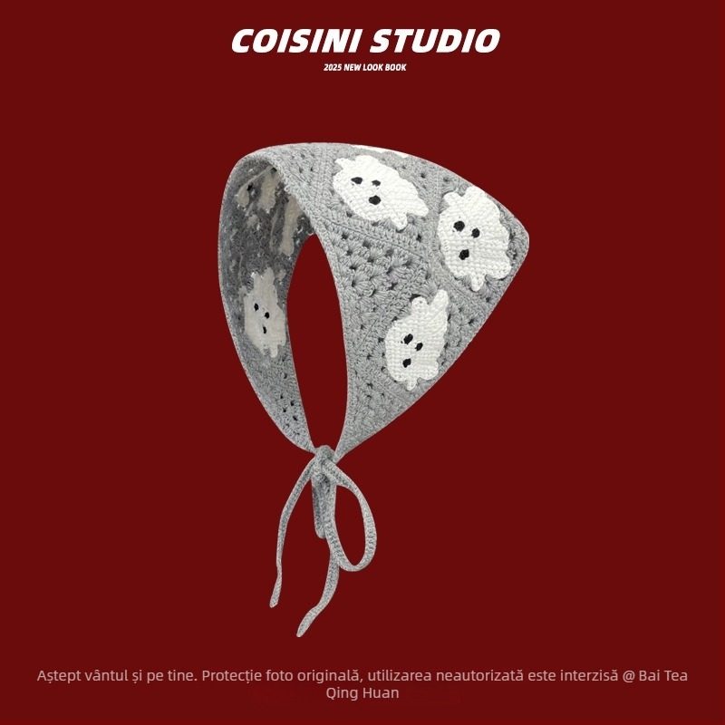 Bandă pentru păr croșetată, floare, model în carouri, stil eșarfă triunghiulară, primăvara 2025