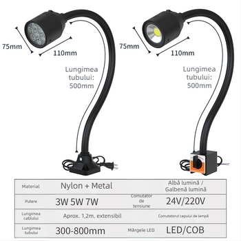 Lampa LED de lucru pentru mașini-unelte cu bază magnetică și furtun flexibil pentru strung