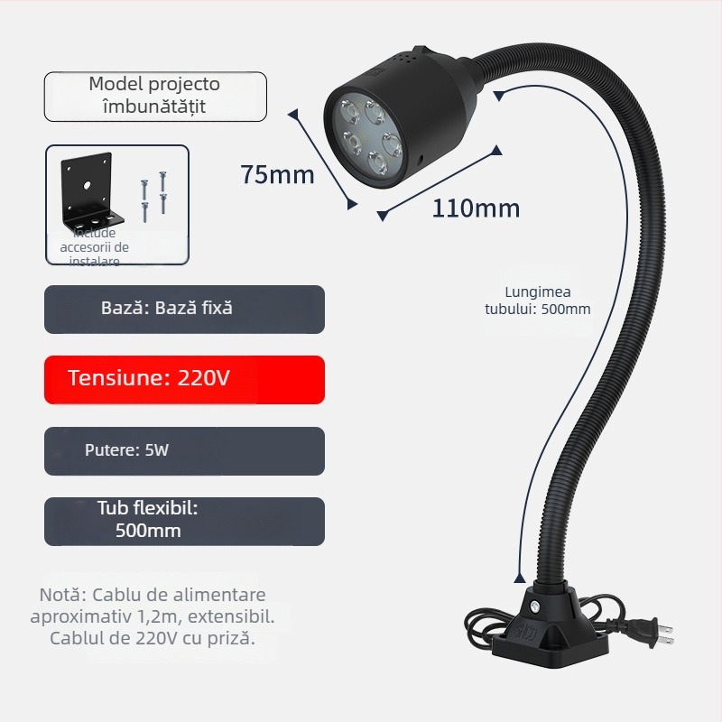 Lampa LED de lucru pentru mașini-unelte cu bază magnetică și furtun flexibil pentru strung