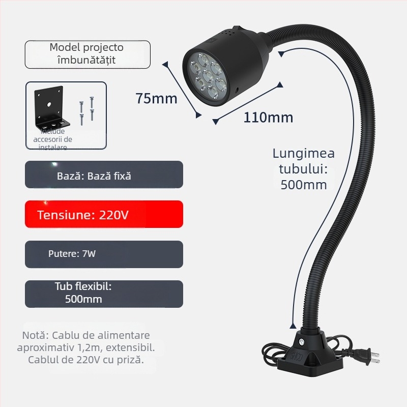 Lampa LED de lucru pentru mașini-unelte cu bază magnetică și furtun flexibil pentru strung