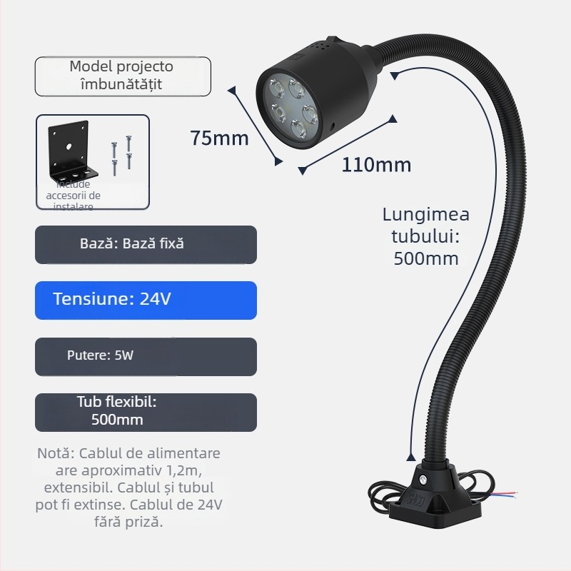 Lampa LED de lucru pentru mașini-unelte cu bază magnetică și furtun flexibil pentru strung