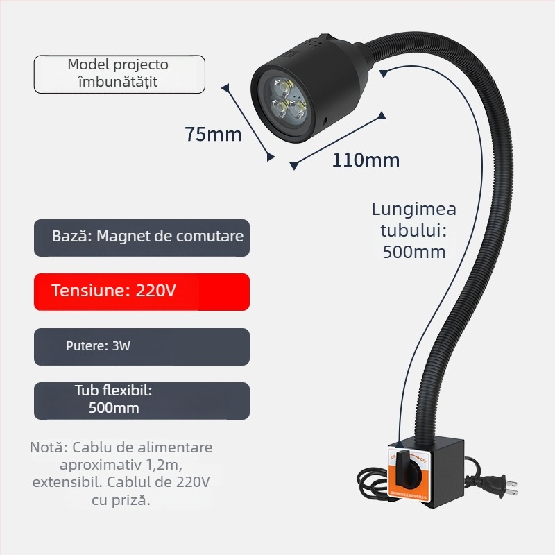 Lampa LED de lucru pentru mașini-unelte cu bază magnetică și furtun flexibil pentru strung