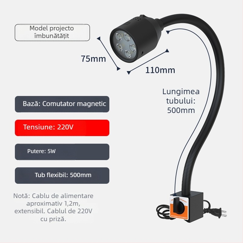 Lampa LED de lucru pentru mașini-unelte cu bază magnetică și furtun flexibil pentru strung