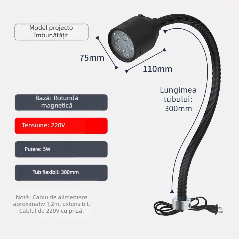 Lampa LED de lucru pentru mașini-unelte cu bază magnetică și furtun flexibil pentru strung