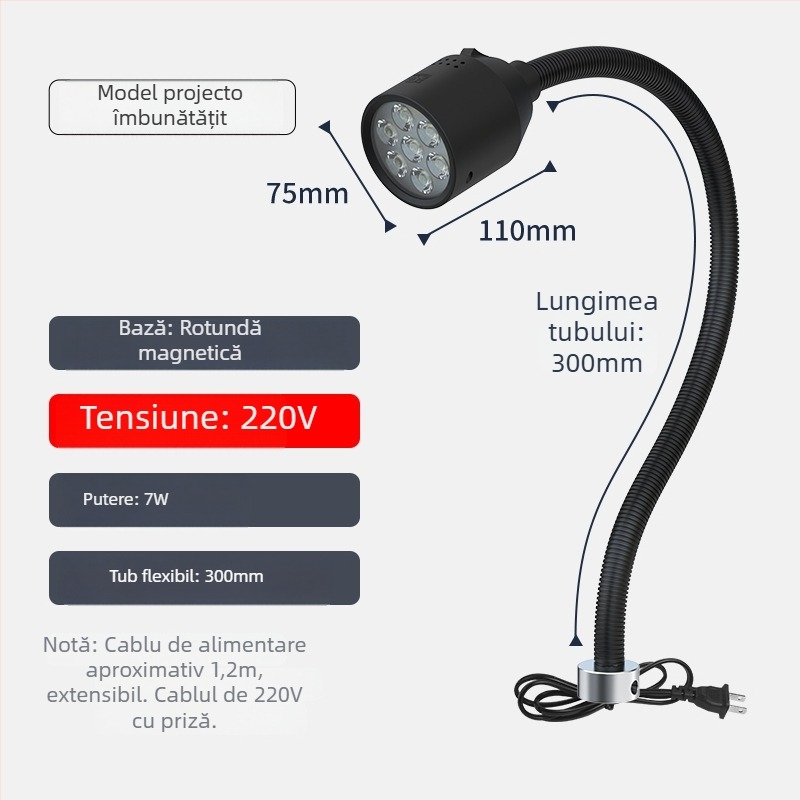 Lampa LED de lucru pentru mașini-unelte cu bază magnetică și furtun flexibil pentru strung