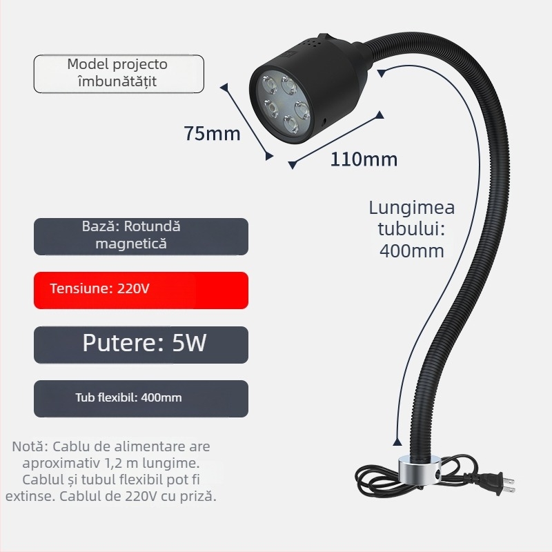 Lampa LED de lucru pentru mașini-unelte cu bază magnetică și furtun flexibil pentru strung