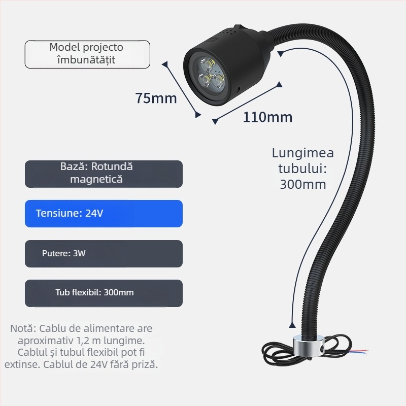 Lampa LED de lucru pentru mașini-unelte cu bază magnetică și furtun flexibil pentru strung
