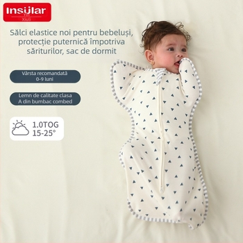 Sac de dormit pentru bebeluși din bumbac pur (95%+), design anti-startle, mâneci detașabile, patru sezoane, fermoar nylon