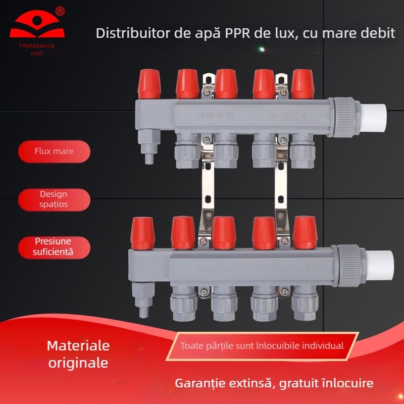 Distribuitor PPR pentru încălzire prin pardoseală – debit mare, stil modern minimalist, material PP-R, montaj cu filet, diametrul ramificațiilor 20 mm, temperatură maximă de lucru 70°C, Forever Warm