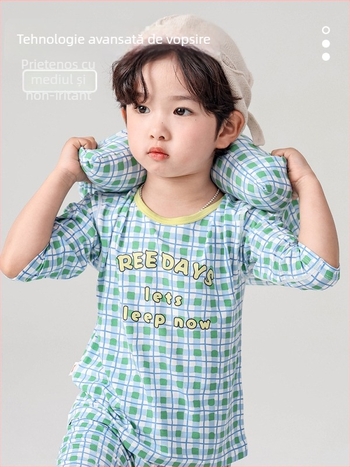 Set pijamale pentru copii - Yassel viscoză-elastan, guler rotund, mâneci 3/4, model desen animat, absorbție a umezelii