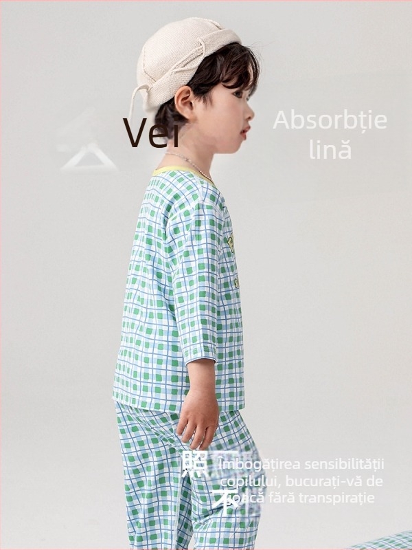 Set pijamale pentru copii - Yassel viscoză-elastan, guler rotund, mâneci 3/4, model desen animat, absorbție a umezelii