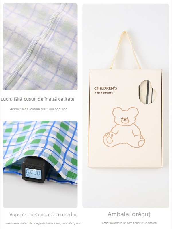 Set pijamale pentru copii - Yassel viscoză-elastan, guler rotund, mâneci 3/4, model desen animat, absorbție a umezelii