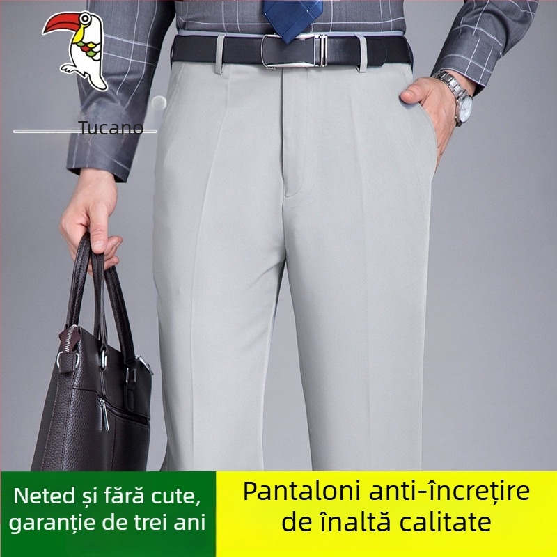 Pantaloni casual bărbați din bumbac, croială dreaptă, talie înaltă, fără călcare