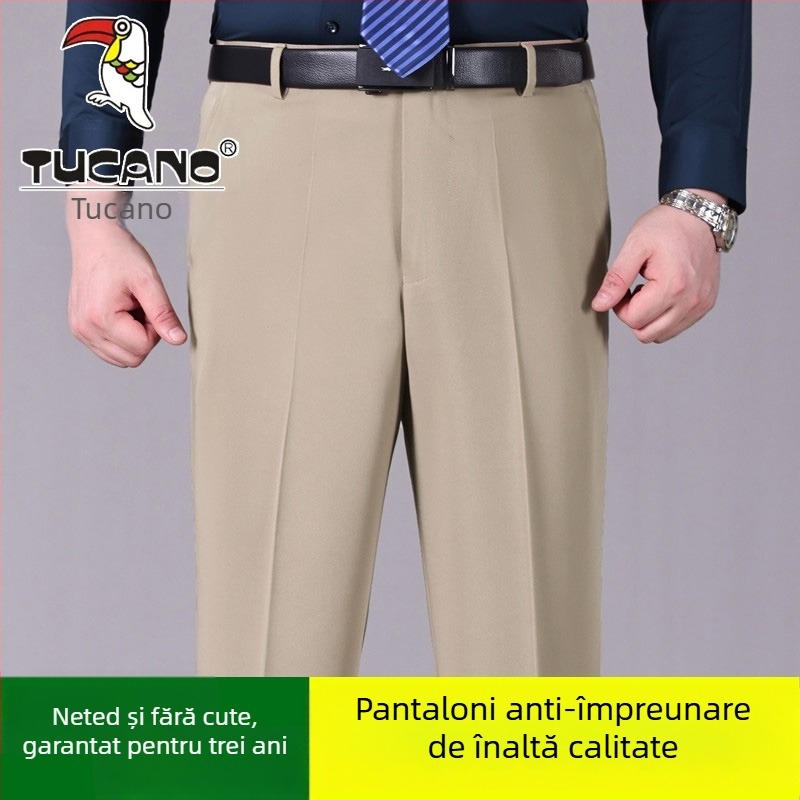 Pantaloni casual bărbați din bumbac, croială dreaptă, talie înaltă, fără călcare