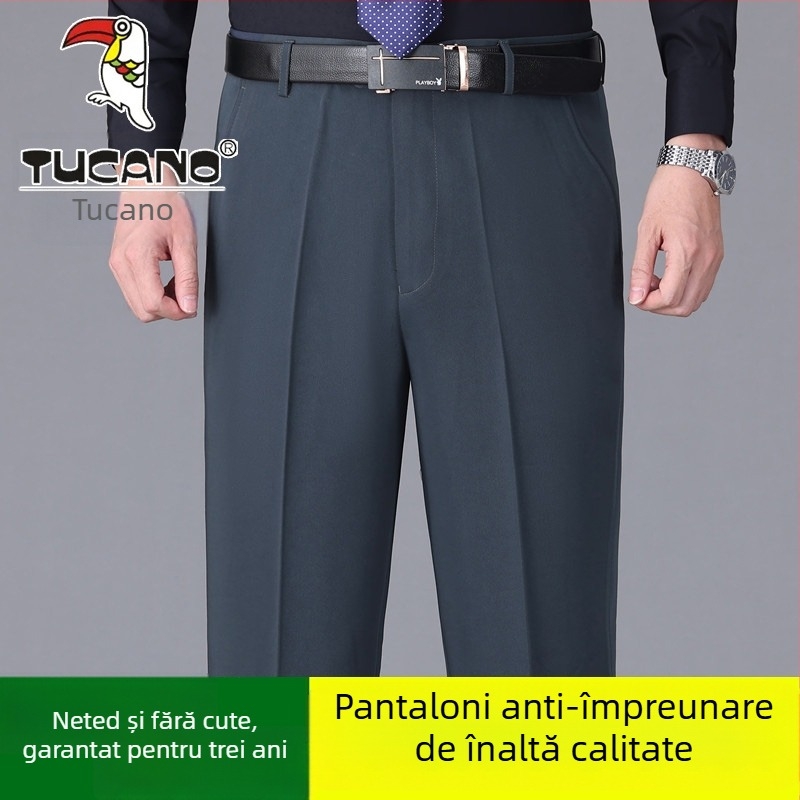 Pantaloni casual bărbați din bumbac, croială dreaptă, talie înaltă, fără călcare