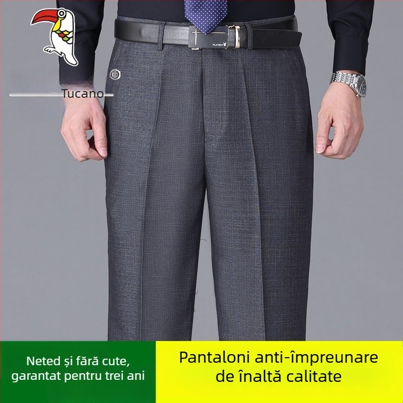 Pantaloni casual bărbați din bumbac, croială dreaptă, talie înaltă, fără călcare