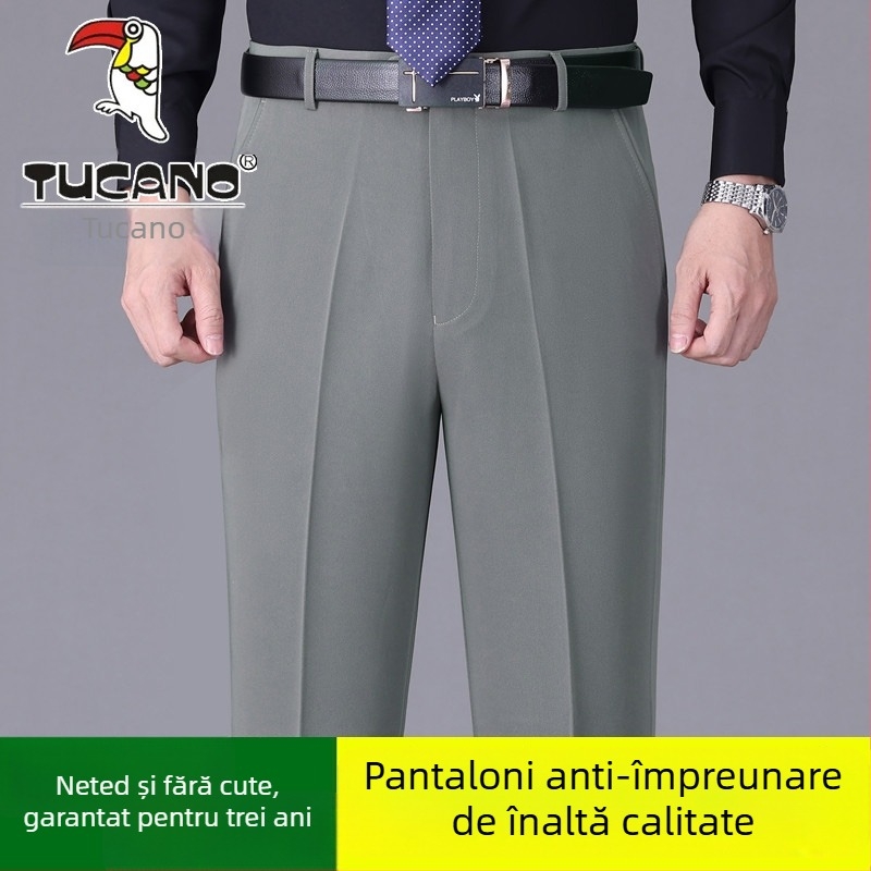 Pantaloni casual bărbați din bumbac, croială dreaptă, talie înaltă, fără călcare