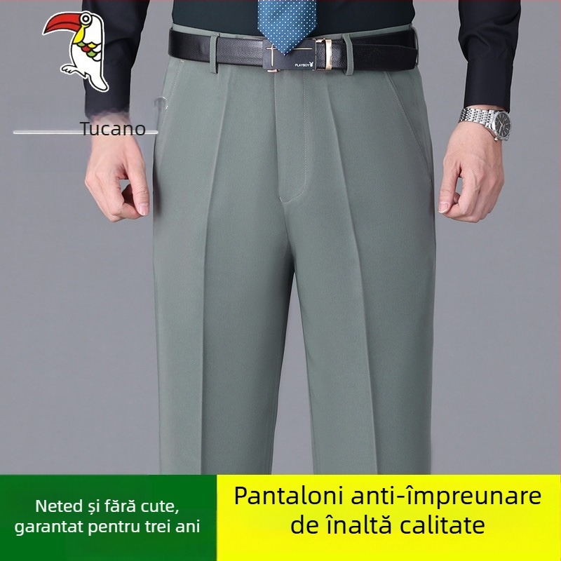 Pantaloni casual bărbați din bumbac, croială dreaptă, talie înaltă, fără călcare