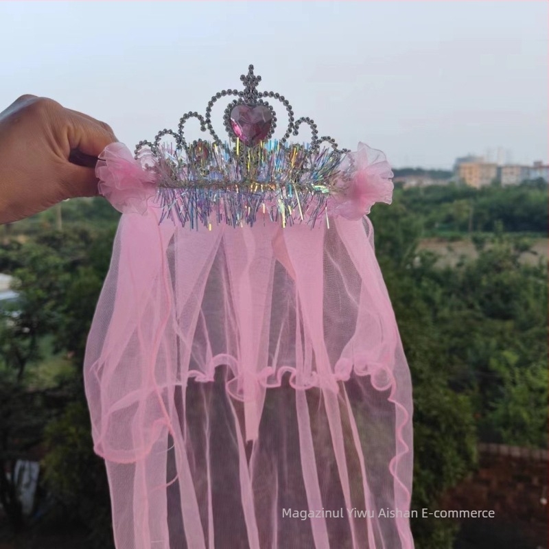 Coroană cu voal pentru copii, din plasă, stil desen animat, unisex, dublu strat, personalizare disponibilă