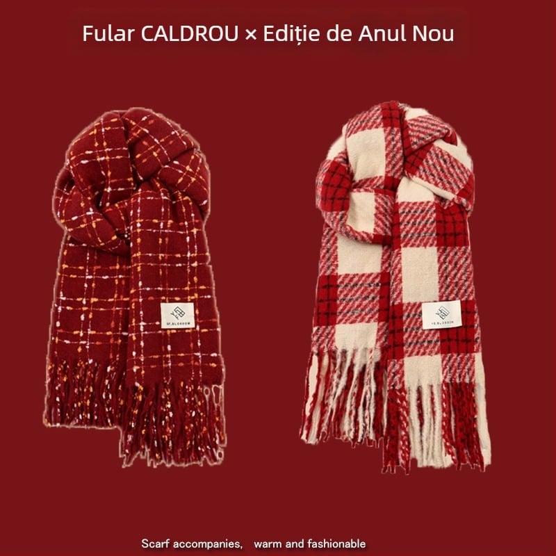 Șal cu model în carouri, tricotare warp-knit, imitatie de cașmir, 100% poliester, căldură de iarnă