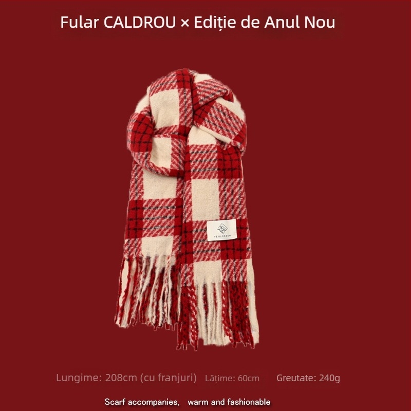 Șal cu model în carouri, tricotare warp-knit, imitatie de cașmir, 100% poliester, căldură de iarnă