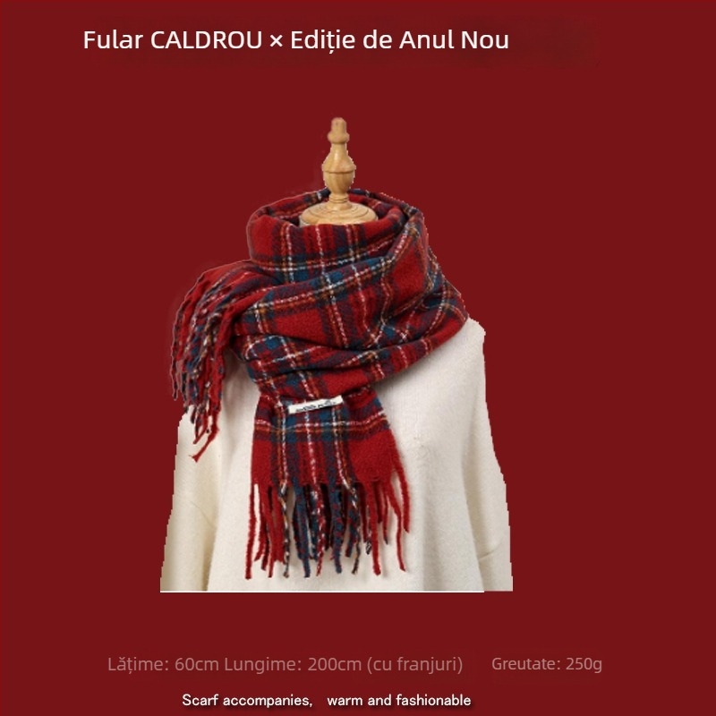 Șal cu model în carouri, tricotare warp-knit, imitatie de cașmir, 100% poliester, căldură de iarnă