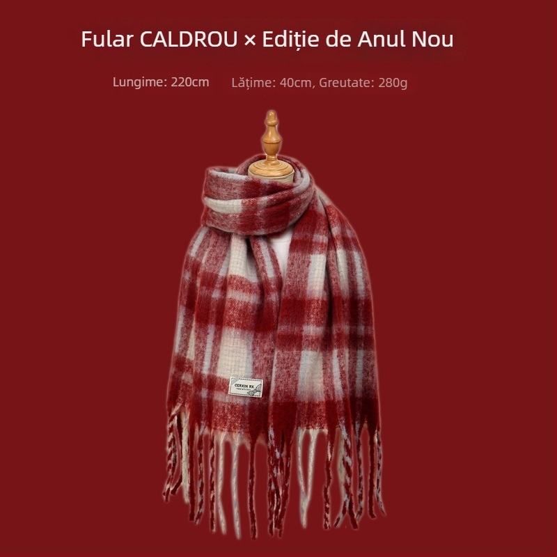 Șal cu model în carouri, tricotare warp-knit, imitatie de cașmir, 100% poliester, căldură de iarnă