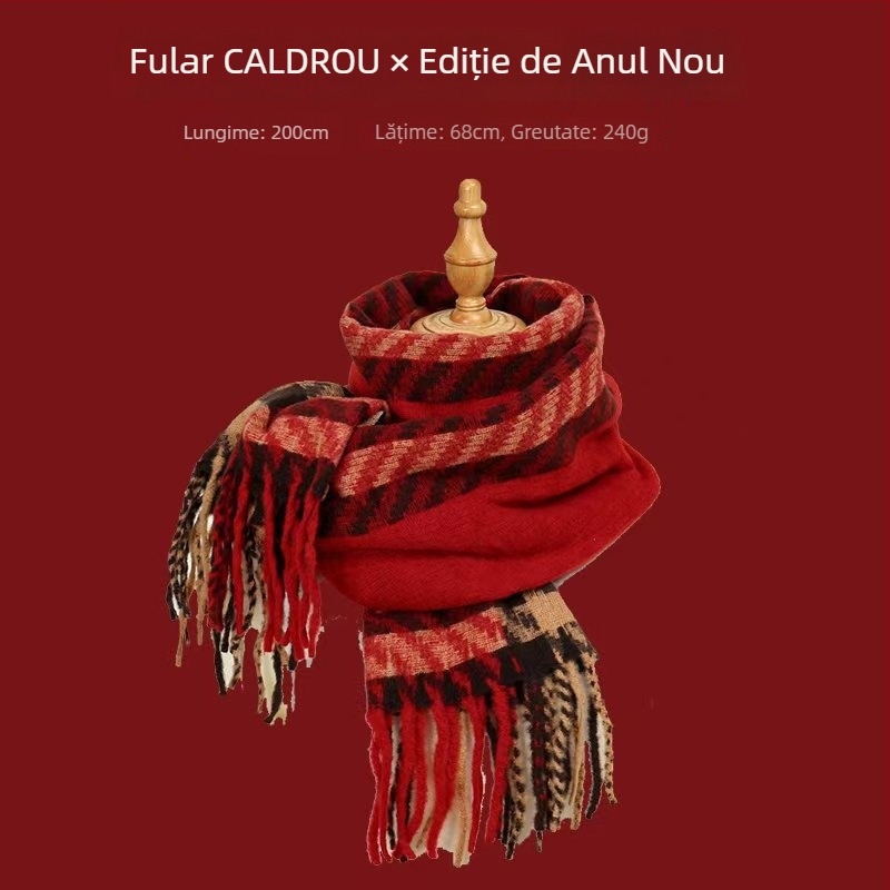 Șal cu model în carouri, tricotare warp-knit, imitatie de cașmir, 100% poliester, căldură de iarnă