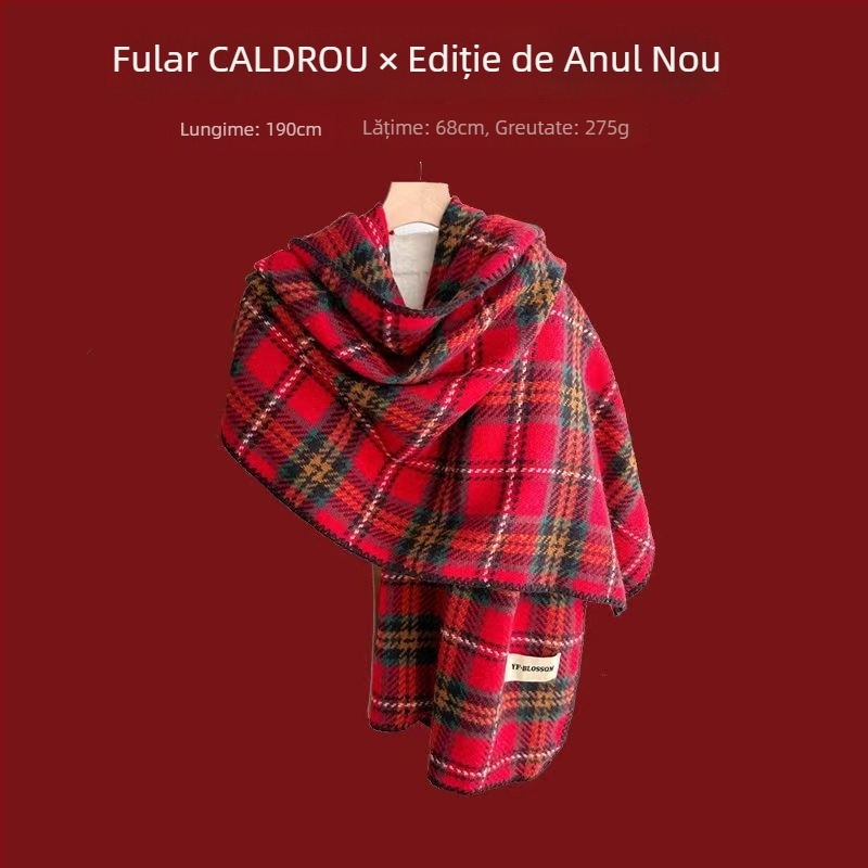 Șal cu model în carouri, tricotare warp-knit, imitatie de cașmir, 100% poliester, căldură de iarnă