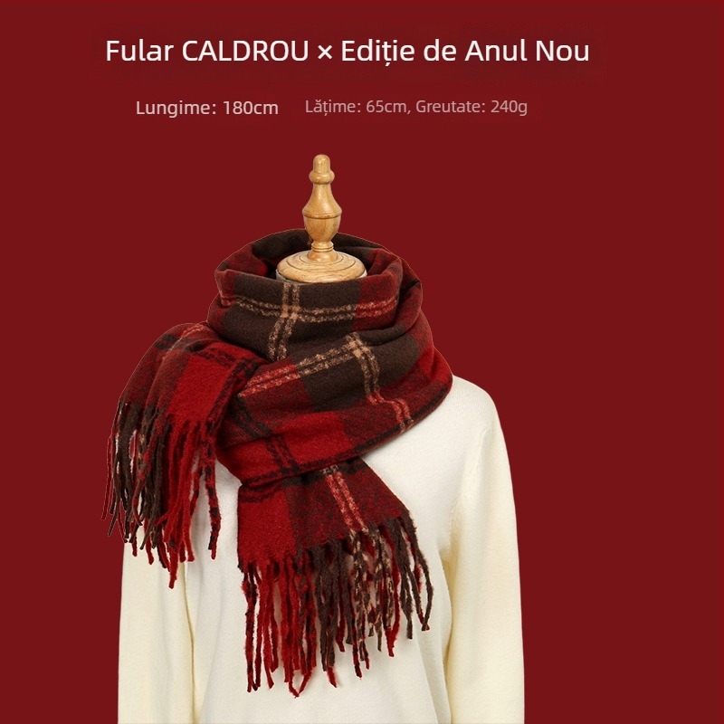 Șal cu model în carouri, tricotare warp-knit, imitatie de cașmir, 100% poliester, căldură de iarnă