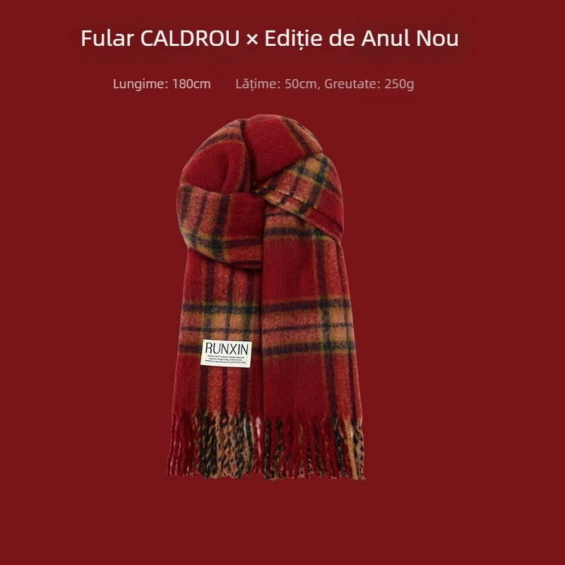 Șal cu model în carouri, tricotare warp-knit, imitatie de cașmir, 100% poliester, căldură de iarnă