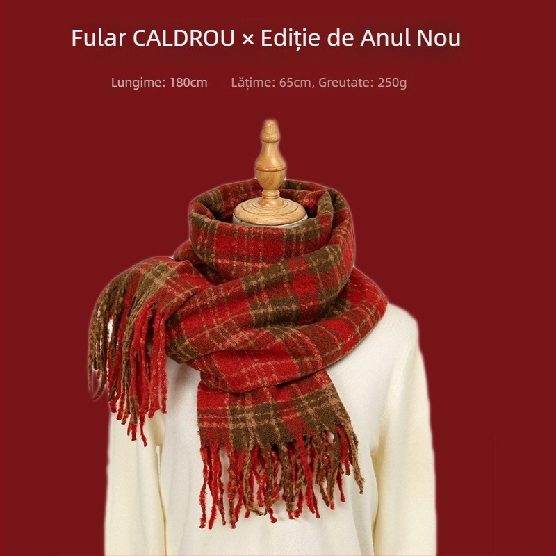 Șal cu model în carouri, tricotare warp-knit, imitatie de cașmir, 100% poliester, căldură de iarnă