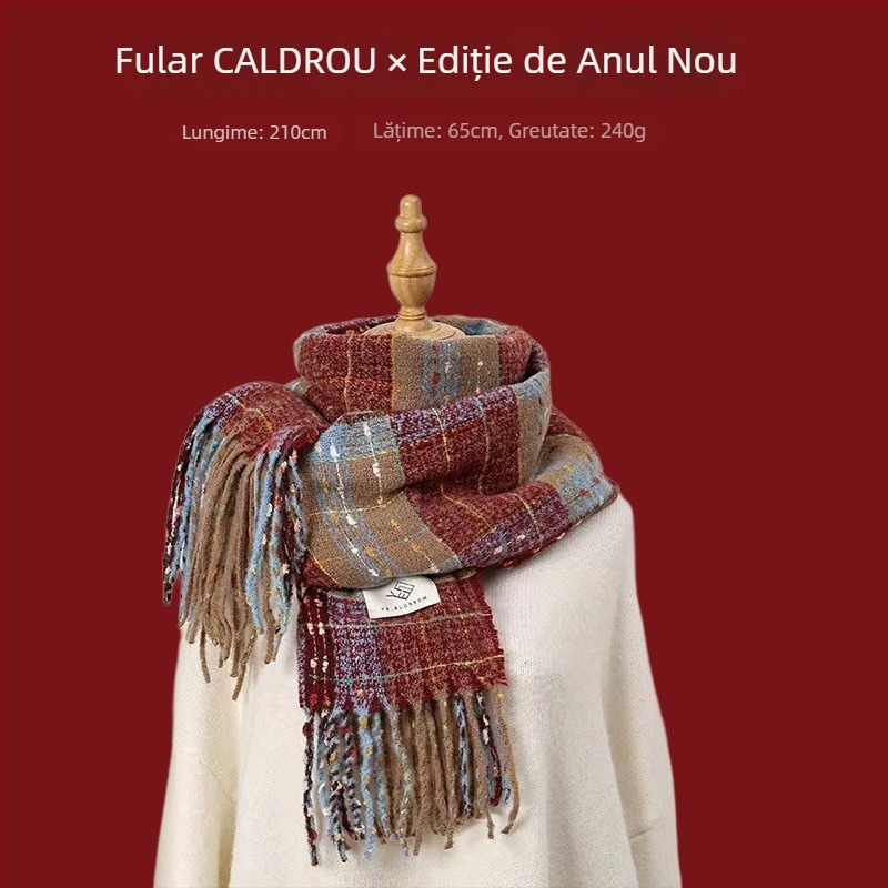 Șal cu model în carouri, tricotare warp-knit, imitatie de cașmir, 100% poliester, căldură de iarnă