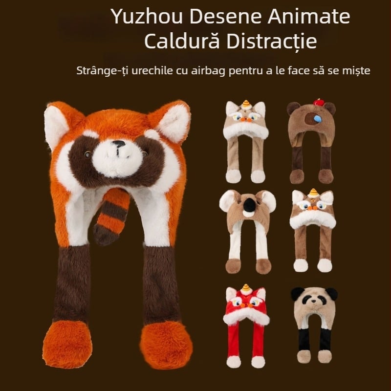 Pălărie de iernă din pluș cu urechi mobile pentru copii – set două piese cu fular integrat, unisex, pernă de aer, iarna 2025