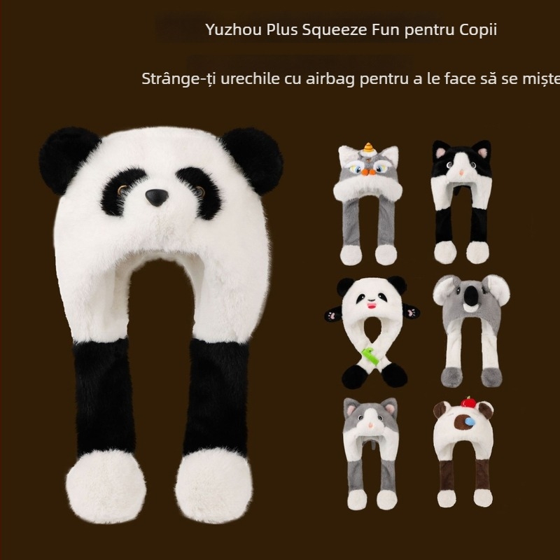 Pălărie de iernă din pluș cu urechi mobile pentru copii – set două piese cu fular integrat, unisex, pernă de aer, iarna 2025