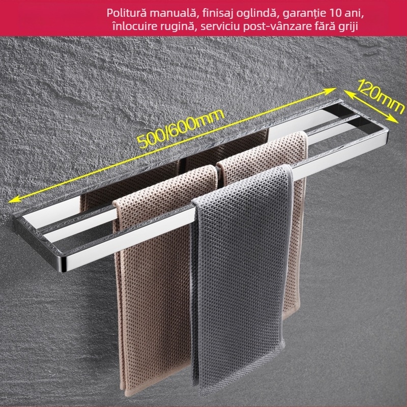 Suport de prosoape montat pe perete, din oțel inoxidabil 304, finisaj oglindit, set din două piese pentru baie
