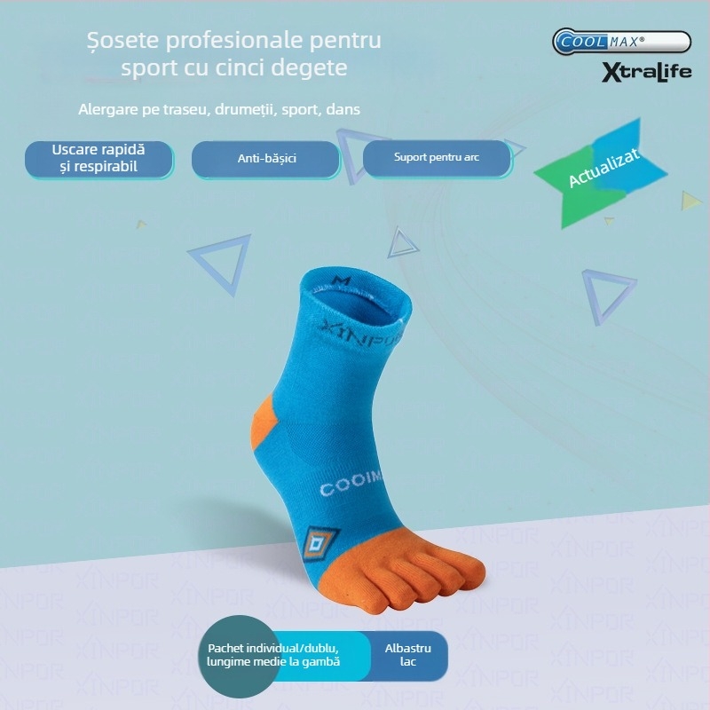 XINPOR șosete de alergare cu cinci degete, Coolmax, uscare rapidă, anti bășici, anti alunecare, antibacteriene, absorbante de transpirație, unisex, lungime medie