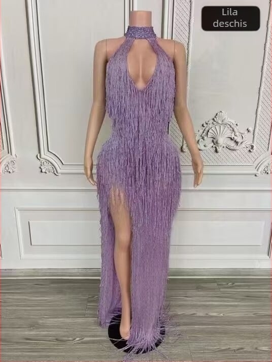 Rochie lungă cu gât halter și ciucuri, pentru reprezentații pe scenă, femei, din amestec piele de capră și spandex (90–95% piele de capră)