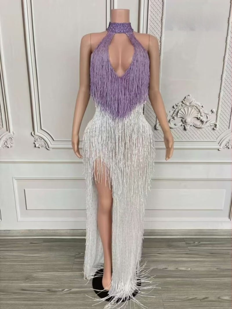 Rochie lungă cu gât halter și ciucuri, pentru reprezentații pe scenă, femei, din amestec piele de capră și spandex (90–95% piele de capră)