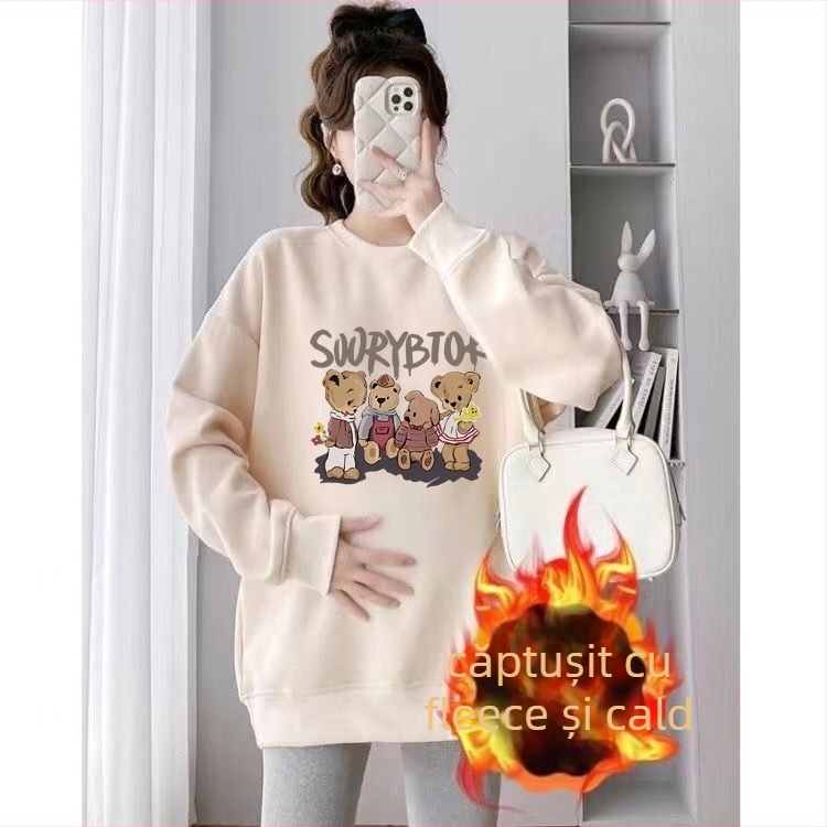 Set maternitate toamnă-iarnă cu două piese – Air Cotton, căptușit cu fleece, top cu guler rotund, croi liber, lungime medie, acoperă posteriorul, stil casual japonez-coreean