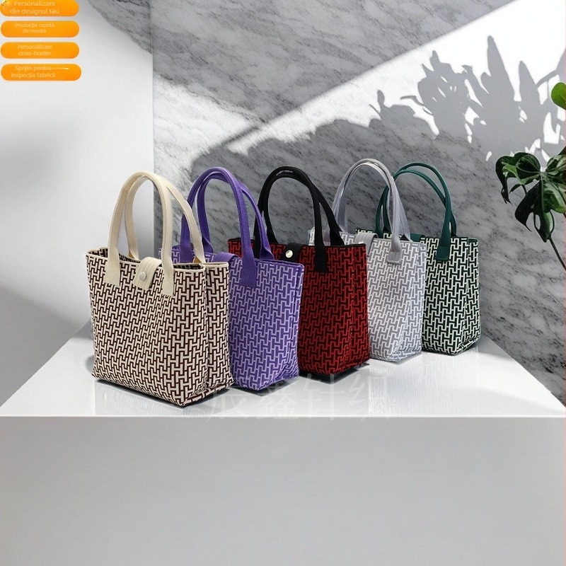 Geantă Tote tricotată, capacitate mare, poliester, formă verticală pătrată, exterior cu capac, buzunar pentru telefon și buzunar pentru laptop