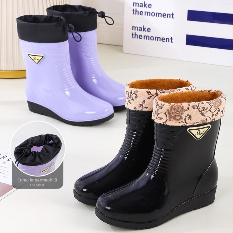 Cizme de ploaie din PVC pentru femei, antiderapante, impermeabile, talpă joasă 1–3 cm, patru sezoane, ușoare și îngroșate