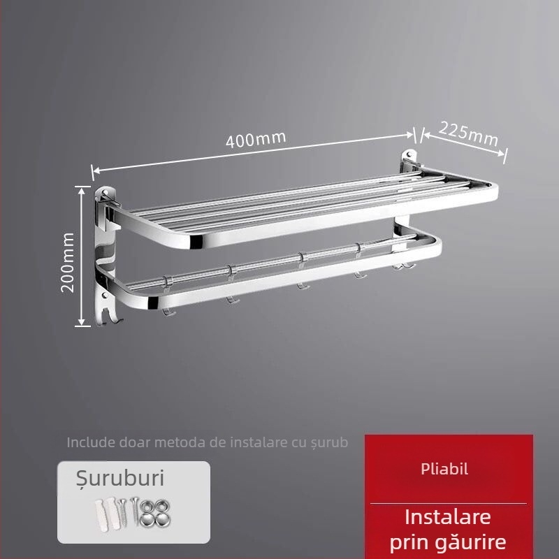 Raft pentru prosoape din oțel inoxidabil montat pe perete – organizator de baie cu un singur rând, set din două piese, certificare CE