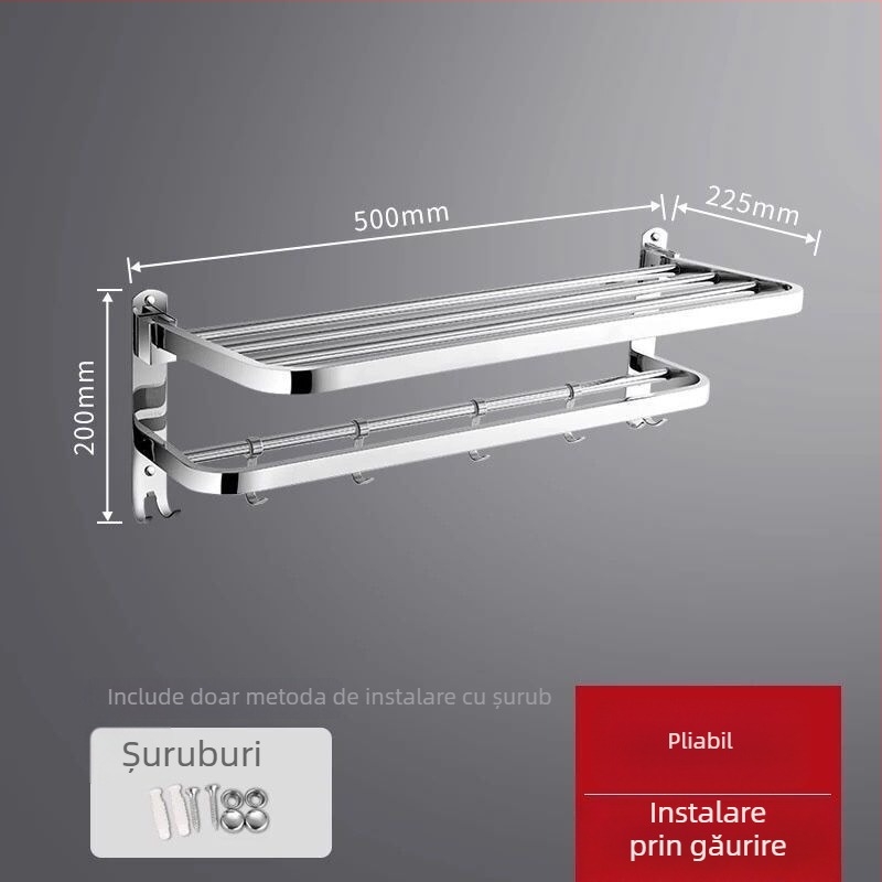 Raft pentru prosoape din oțel inoxidabil montat pe perete – organizator de baie cu un singur rând, set din două piese, certificare CE