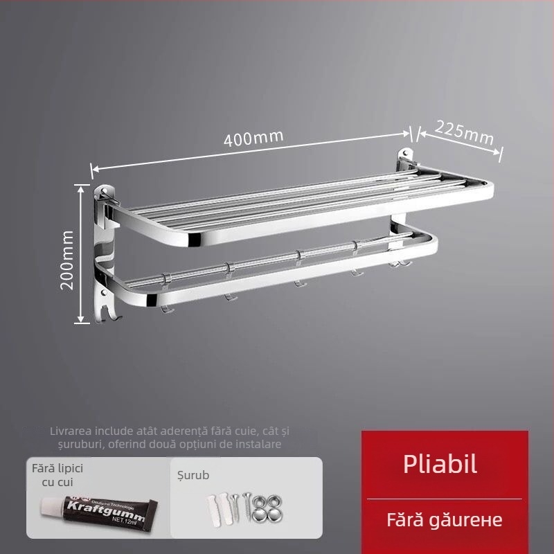Raft pentru prosoape din oțel inoxidabil montat pe perete – organizator de baie cu un singur rând, set din două piese, certificare CE