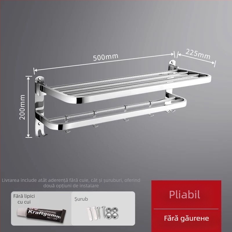 Raft pentru prosoape din oțel inoxidabil montat pe perete – organizator de baie cu un singur rând, set din două piese, certificare CE